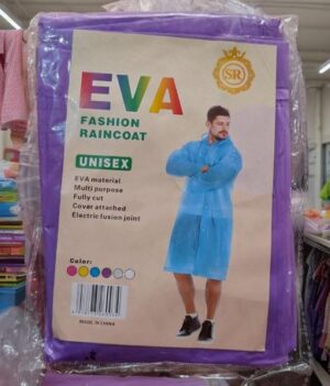 Unisex EVA fashion raincoat in purple packaging; man modeling a blue raincoat, color options shown on label.