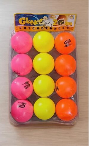 Package of twelve neon pink, yellow, and orange cricket balls arranged in a 4x3 tray, labeled 'Glance Cricket Balls' at the top.