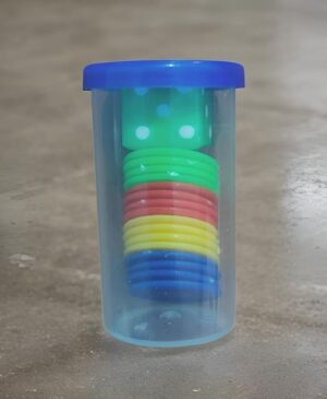 Clear plastic container with blue lid holding a rainbow stack of plastic rings.