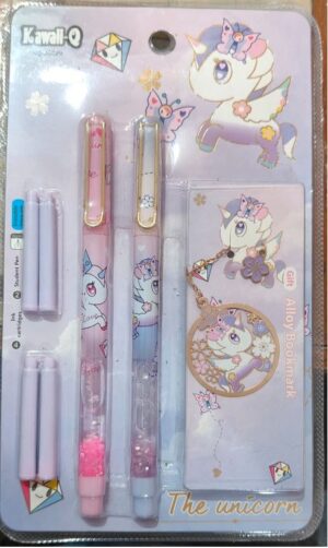 Unicorn-themed stationery set in lavender packaging, featuring two gel pens, an eraser, and a small notebook with unicorn illustrations.