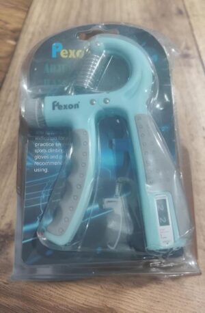 Teal Pexon hand grip strength trainer in clear blister packaging, designed for grip and finger exercise.