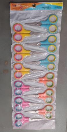 Vertical blister-pack containing 12 small craft scissors with white blades and brightly colored handles (pink, yellow, blue, green) arranged in a single column.