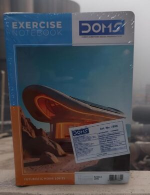Blue exercise notebook cover featuring a futuristic dome-shaped structure and a DOMS label; still wrapped in plastic.