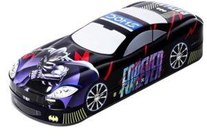 Die-cast toy car with Batman artwork and bold colors on a black body, shown from a top-front angle.