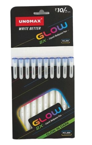 Unomax Glow 2X Liquid Ballpoint Pens pack with blue-tipped pens on a black display card showing logos and Glow branding.