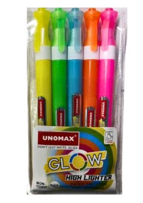 Set of six neon highlighters in yellow, green, blue, orange, and pink, in a clear blister pack labeled Glow Highlighter (Unomax).