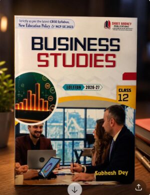 Cover of 'Business Studies' book, Edition 2026-27, Class 12, with a business meeting scene in the background.