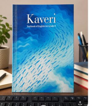 Blue gradient Kaveri Grade 9 English textbook with a fish pattern on a desk, with a plant and stationery in the background.