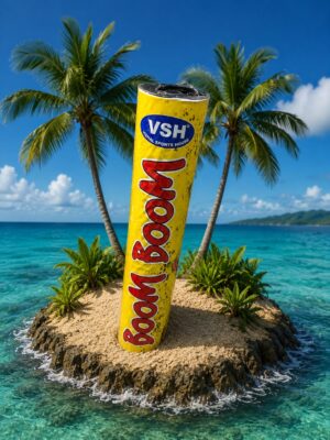 Tall yellow Boom Boom candy tube standing upright on a small sandy island with palm trees and turquoise water behind it and a blue sky above.