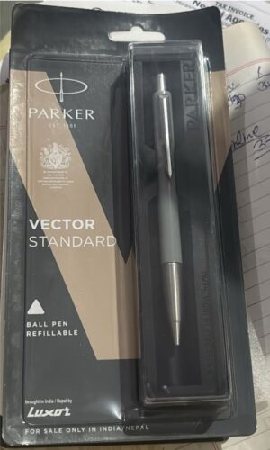 Parker Vector Standard ball pen in retail packaging; refillable, gray body with a silver tip.