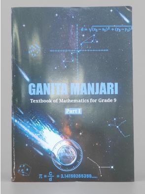 Cover of Ganita Manjari Grade 9 Mathematics Part 1 textbook with space-themed artwork and mathematical equations visible on the cover.
