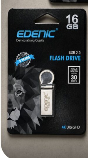 Edenic 16GB USB 2.0 flash drive in black packaging with a geometric lion design and blue Edenic logo, 4K UltraHD label nearby.