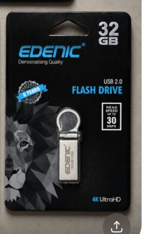 Edenic 32GB USB 2.0 flash drive on black packaging with geometric wolf artwork and blue Edenic logo, 4K UltraHD label visible.