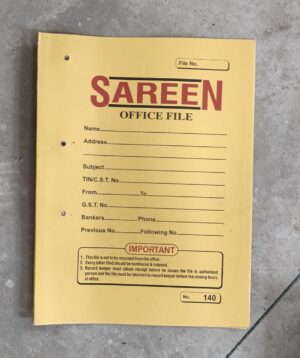 Yellow office file folder labeled 'SAREEN OFFICE FILE' with form fields for name, address, subject, and important notice on a concrete floor.