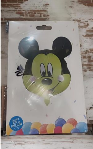 Package featuring a large Mickey Mouse head balloon design on white, sealed in plastic with multicolored balloons at the bottom and a blue helium/air label.