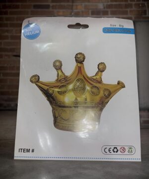 Package displaying a gold crown-shaped foil balloon for helium, large size
