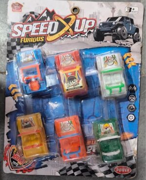 Toy car set packaging with multiple small colorful cars in blue tray; 'Speed Up Furious' branding visible for kids aged 3+.