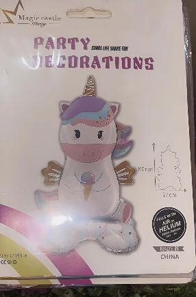 Packaging for party decorations featuring a cute white unicorn with a purple mane and golden horn on a card.