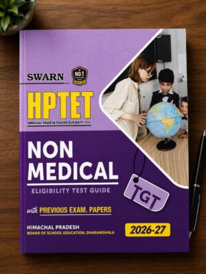 Purple cover book titled 'Non Medical Eligibility Test Guide' for HP TET with students and a globe image on a desk.