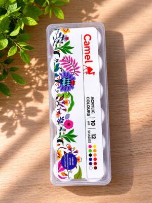 A Camel acrylic paint set in a clear plastic case with colorful floral artwork on wood surface.