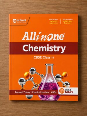 Orange All-in-One Chemistry CBSE Class 11 textbook cover with lab glassware illustration on a wooden surface.