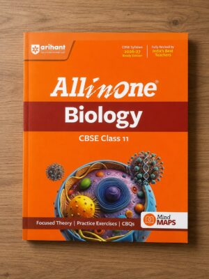 Orange All-in-One Biology CBSE Class 11 textbook cover with a detailed cell illustration on a wooden desk.