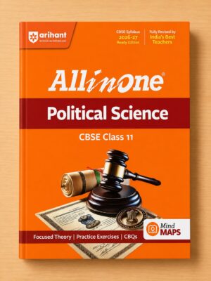 Bright orange All-in-One Political Science CBSE Class 11 textbook cover featuring a gavel, rolled scroll, and legal documents on a wooden surface