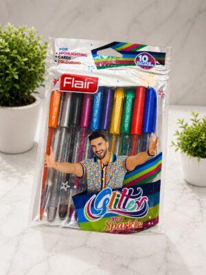 Pack of 10 colorful Flair glitter gel pens in a bright, glossy package with a man on the front and 'Glitter Xtra Sparkle' branding.
