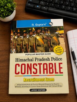 Recruitment exam guidebook for Himachal Pradesh Police with a line of uniformed officers on the cover, placed on a wooden desk near a plant and keyboard.