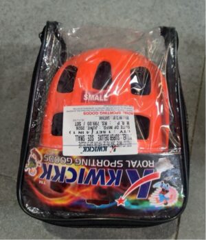 Orange child-sized bike helmet in clear plastic packaging inside a zippered carrying case; helmet has ventilation holes and a 'SMALL' label visible on it.