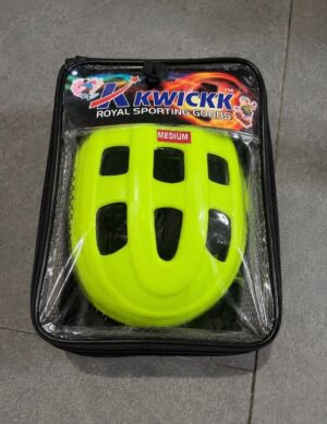 Neon yellow-green helmet in clear packaging with a medium size label and brand logo above it.