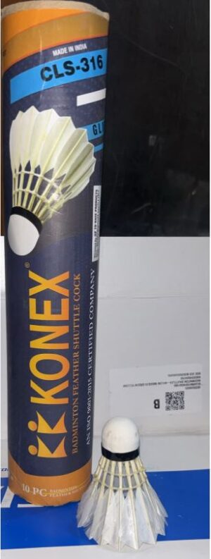 Tube of Yonex badminton shuttlecocks (CLS-316) with one shuttlecock placed in front showing its cork base and white feathers