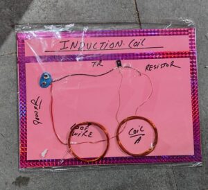 Pink poster labeled 'Induction Coil' showing an experiment with two copper coils (coil A and coil B), wires, a power source, and small components.