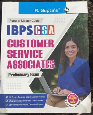 Book cover for IBPS CSA Customer Service Associates Preliminary Exam guide, featuring a smiling woman in blue with a laptop.