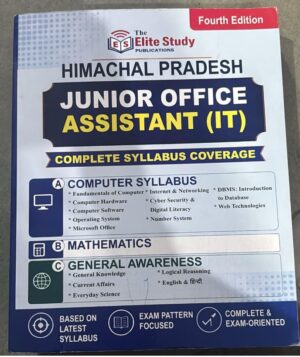 Front cover of a study guide: Himachal Pradesh Junior Office Assistant (IT) syllabus with sections on Computer Syllabus, Mathematics, and General Awareness.