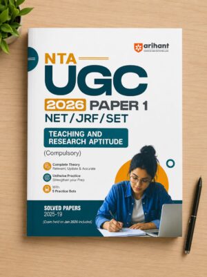 Cover of an exam prep book titled 'NTA UGC 2026 Paper 1 Net/JRF/SET: Teaching and Research Aptitude' with a student studying at a desk and a pen nearby.