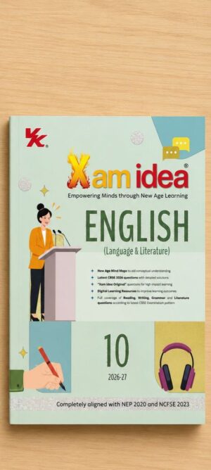 Cover of Xam Idea English (Language & Literature) for Class 10, 2026–27, featuring a speaker at a podium and colorful graphics on a pastel background.