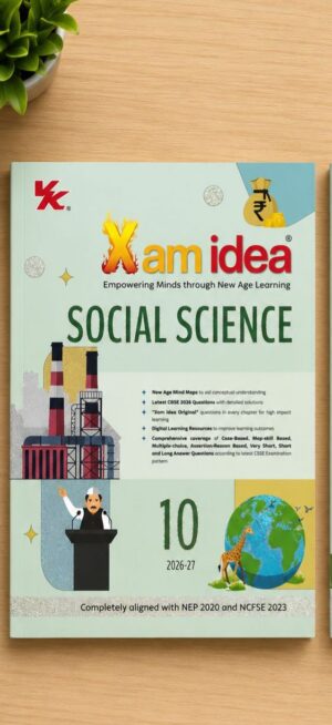 Cover of the Xamidea Social Science 10 textbook (2026–27 edition) with a factory illustration, a presenter at a podium, and a globe on the right.