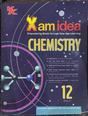 Textbook cover reading 'Xam Idea Chemistry 12' with neon yellow 'CHEMISTRY' text and orbital atom graphics on a dark purple background