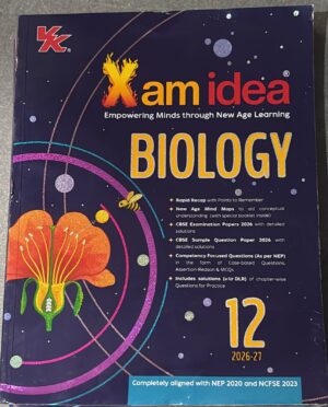 Front cover of Xam Idea Biology textbook 2026–27: dark blue with orbital rings, large yellow‑orange 'BIOLOGY' text, Xam Idea logo, and an orange flower illustration.