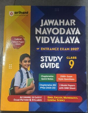 Book cover: Jawahar Navodaya Vidyalaya Entrance Exam 2027 Study Guide, Class 9, Arihant; features a student with backpack.