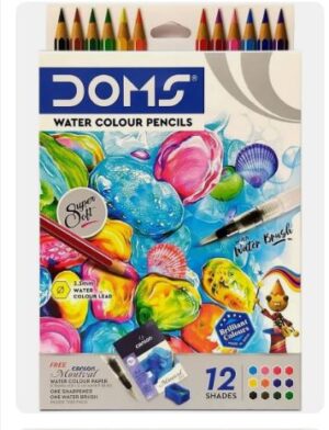 Doms water colour pencils art set in a white box with 12 colored pencils and a water brush.