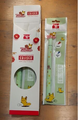 Packaging for Meow eraser liquid fountain pen set with cat illustrations and a circular window.