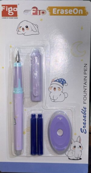 Lavender fountain pen set with two blue ink cartridges, a separate purple cap/holder, an oval purple ink eraser, and cute bunny graphics on a white packaging