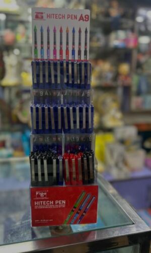 Display rack of Hitech Pen A9 gel pens in assorted colors on a store shelf, with packaging visible at the top and bottom edges.