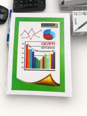 Green-bordered notebook with a colorful chart and pie graph on the cover, labeled GRAPH NOTEBOOK in the center. (Product packaging on a desk)