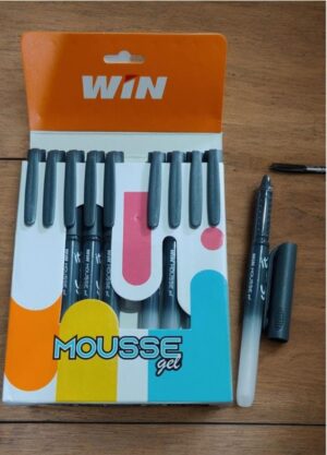 Open box of MOUSSE gel markers with gray caps, colorful packaging, and a loose marker beside it on a wooden surface.