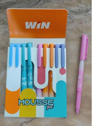 Open package of Mousse gel pens in pastel colors (blue, teal, pink, orange, purple) with an orange WIN header; a pink pen sits to the right.