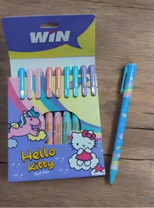Hello Kitty-themed pen set with pastel colors in blue, pink, and purple, displayed on a wooden surface next to a matching pen outside the box.