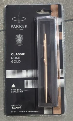 Parker Classic Rose Gold ball pen refillable, shown in black packaging with Parker logo and gold pen in clear plastic blister